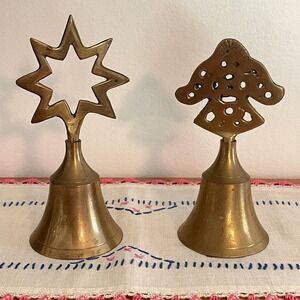 Pair of Vintage Solid Brass Hand Bell Angel Cherub Star Celestial Small 4"